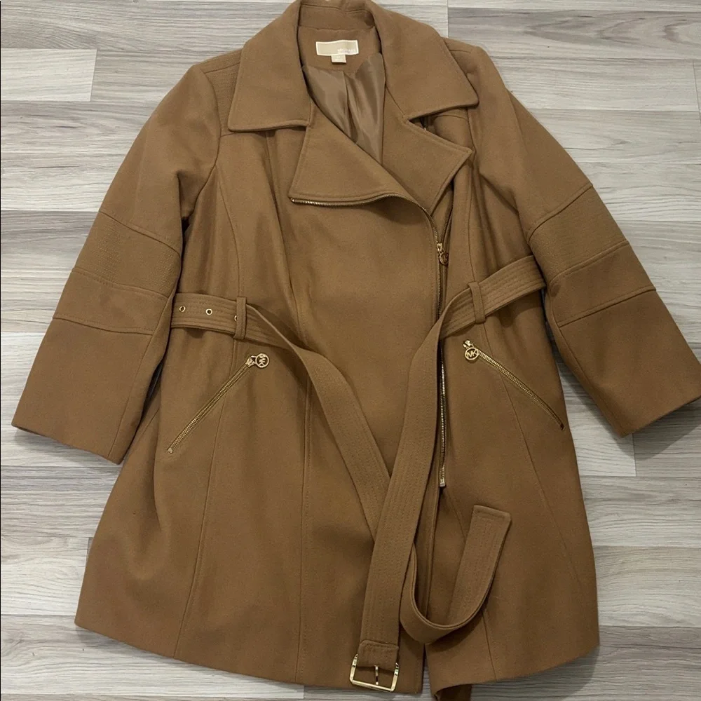 Michael Michael Kors Asymmetrical‎ Belted Wool Blend Camel Coat Size 2X